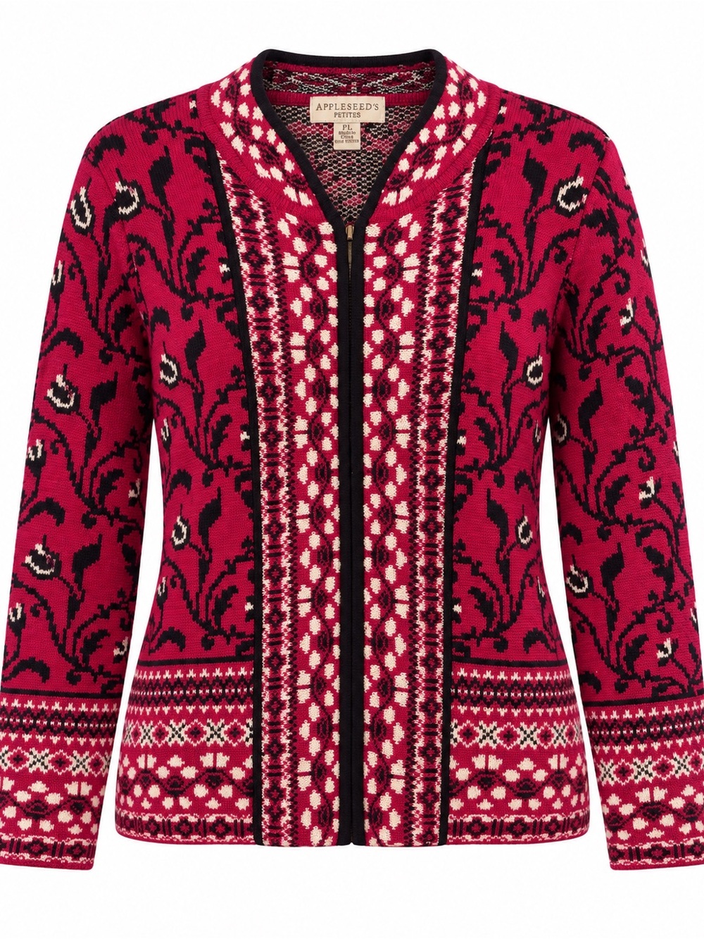 Appleseed’s Petites Fair Isle Floral Zip Cardigan Pink Black PL Wool Blend